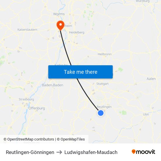 Reutlingen-Gönningen to Ludwigshafen-Maudach map