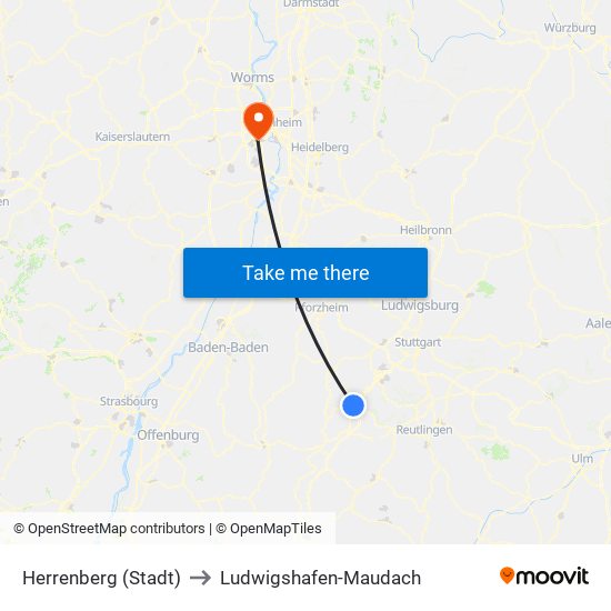 Herrenberg (Stadt) to Ludwigshafen-Maudach map