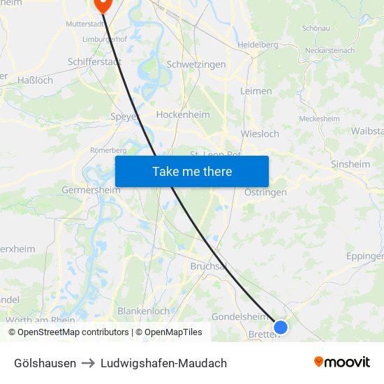 Gölshausen to Ludwigshafen-Maudach map