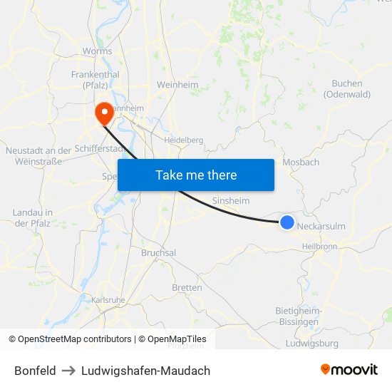 Bonfeld to Ludwigshafen-Maudach map