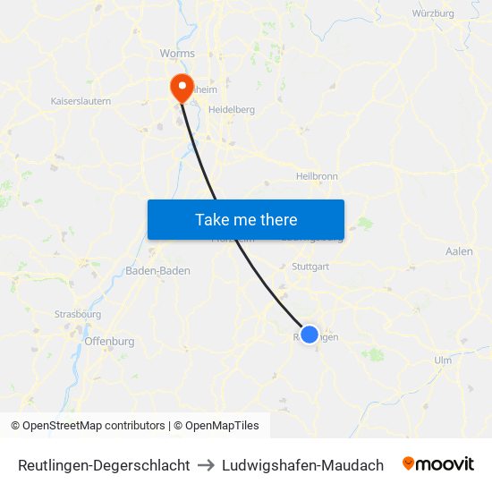 Reutlingen-Degerschlacht to Ludwigshafen-Maudach map
