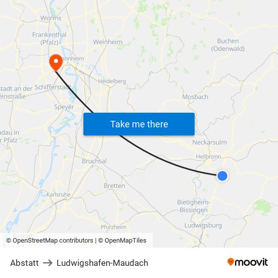 Abstatt to Ludwigshafen-Maudach map