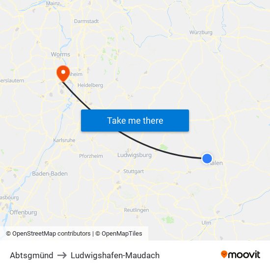 Abtsgmünd to Ludwigshafen-Maudach map