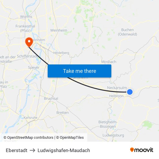 Eberstadt to Ludwigshafen-Maudach map