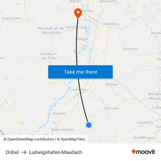 Dobel to Ludwigshafen-Maudach map