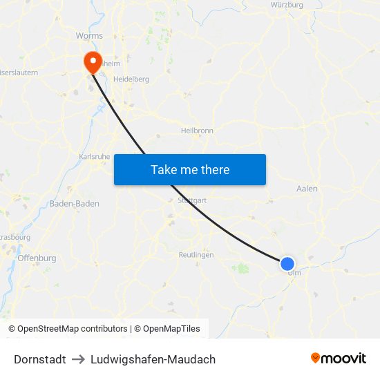 Dornstadt to Ludwigshafen-Maudach map