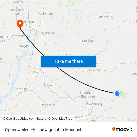 Oppenweiler to Ludwigshafen-Maudach map