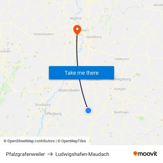 Pfalzgrafenweiler to Ludwigshafen-Maudach map