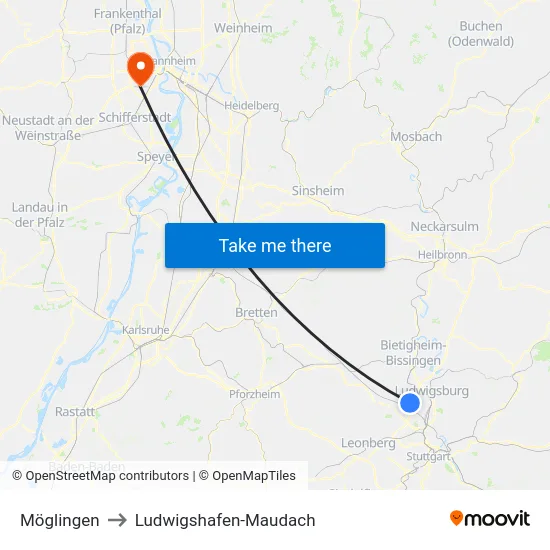 Möglingen to Ludwigshafen-Maudach map