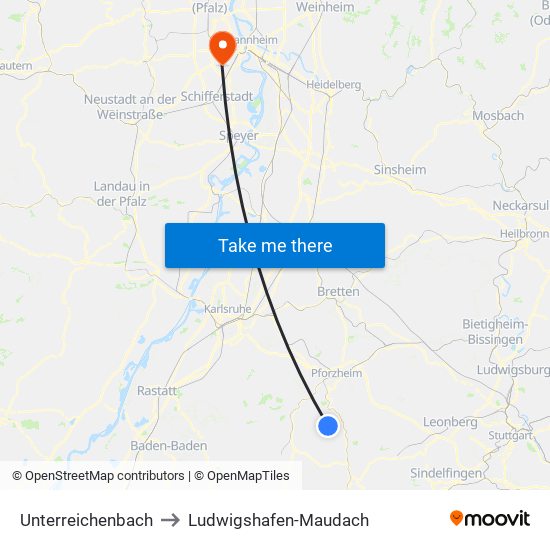 Unterreichenbach to Ludwigshafen-Maudach map