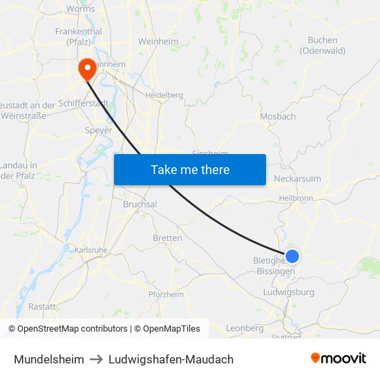 Mundelsheim to Ludwigshafen-Maudach map