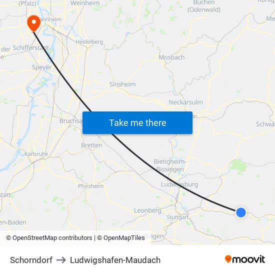 Schorndorf to Ludwigshafen-Maudach map