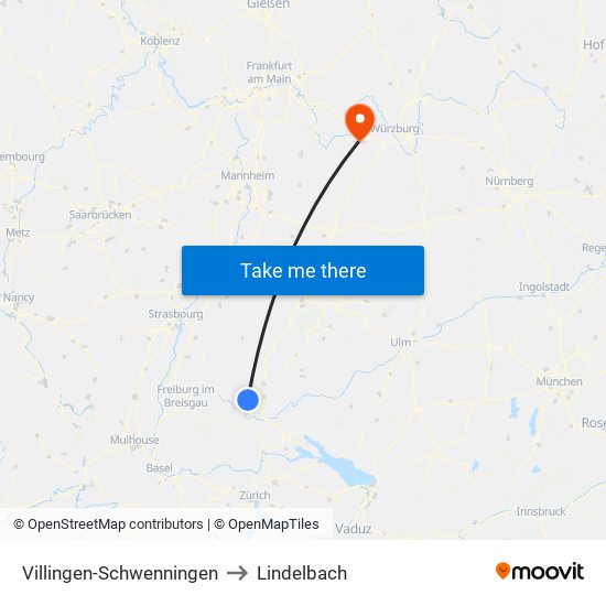 Villingen-Schwenningen to Lindelbach map