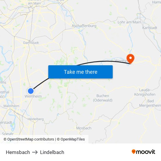 Hemsbach to Lindelbach map