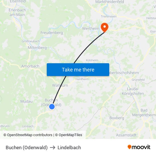 Buchen (Odenwald) to Lindelbach map