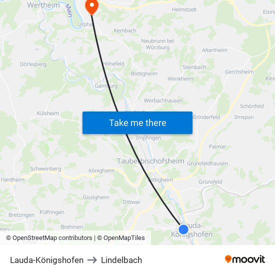 Lauda-Königshofen to Lindelbach map