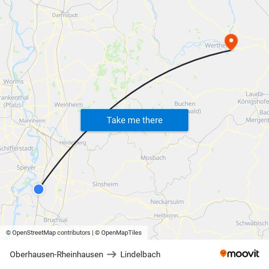 Oberhausen-Rheinhausen to Lindelbach map