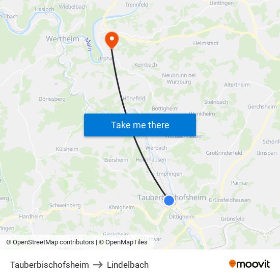 Tauberbischofsheim to Lindelbach map