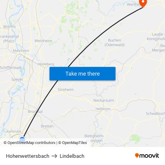 Hohenwettersbach to Lindelbach map