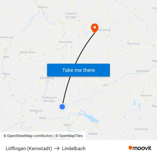 Löffingen (Kernstadt) to Lindelbach map