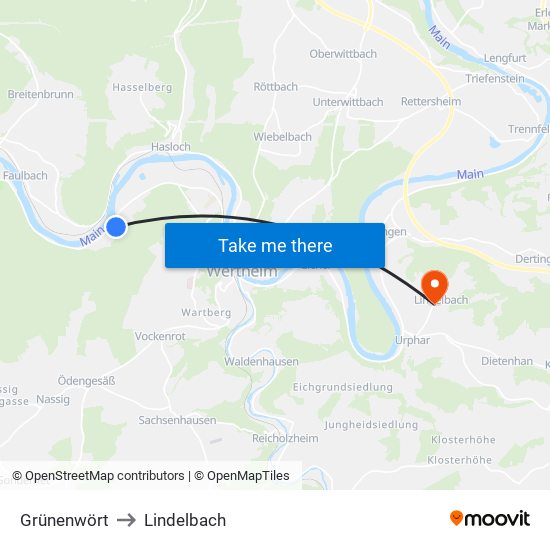 Grünenwört to Lindelbach map