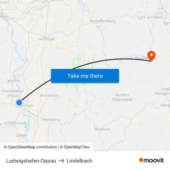 Ludwigshafen-Oppau to Lindelbach map