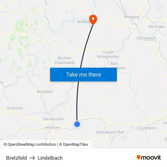 Bretzfeld to Lindelbach map
