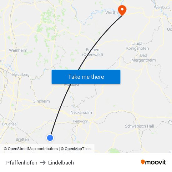 Pfaffenhofen to Lindelbach map