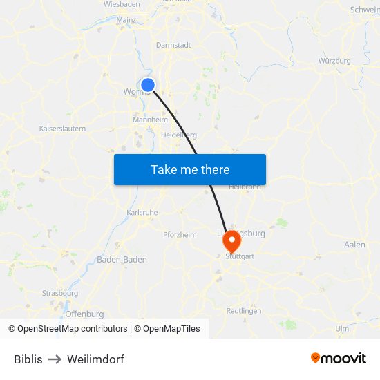 Biblis to Weilimdorf map