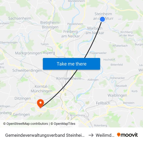 Gemeindeverwaltungsverband Steinheim-Murr to Weilimdorf map