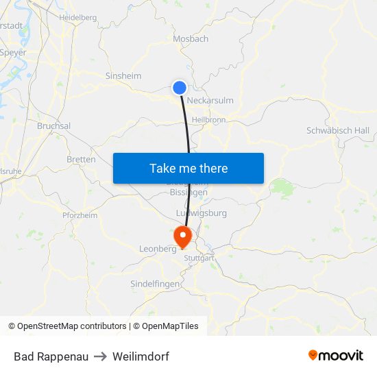 Bad Rappenau to Weilimdorf map