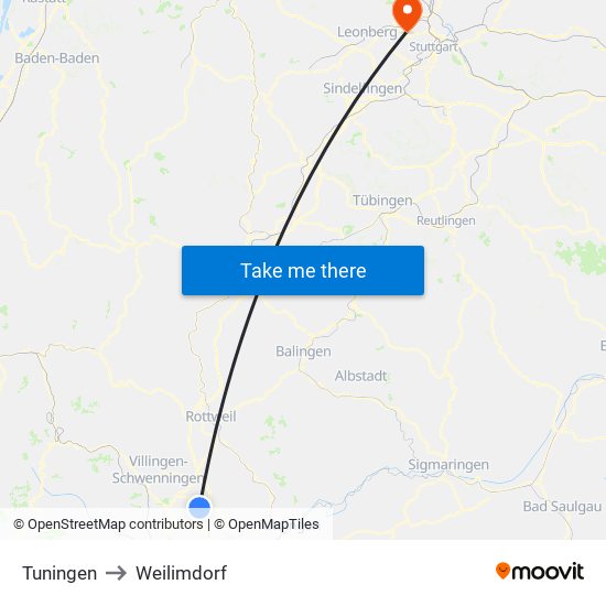 Tuningen to Weilimdorf map