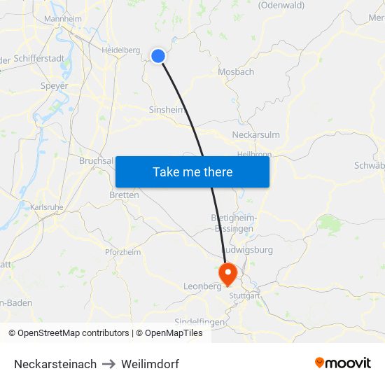 Neckarsteinach to Weilimdorf map