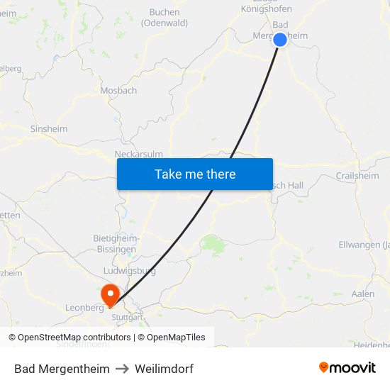 Bad Mergentheim to Weilimdorf map