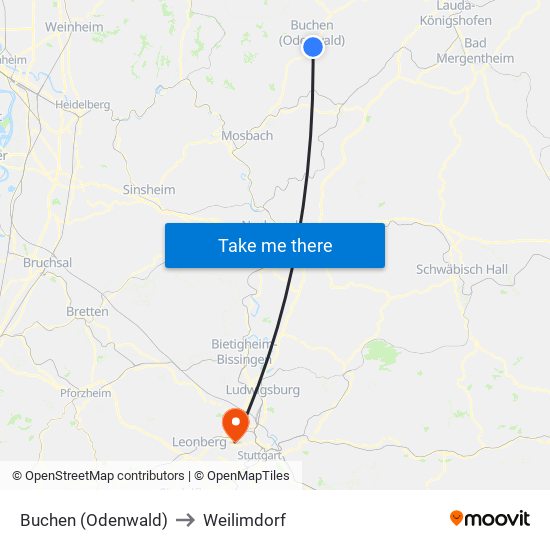 Buchen (Odenwald) to Weilimdorf map