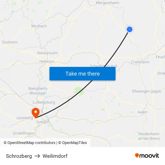 Schrozberg to Weilimdorf map