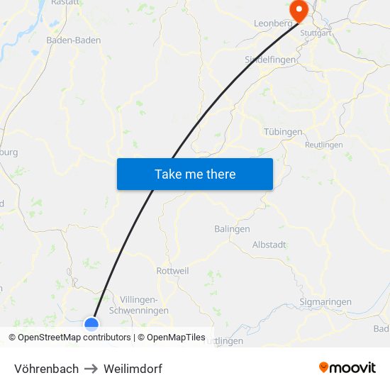 Vöhrenbach to Weilimdorf map