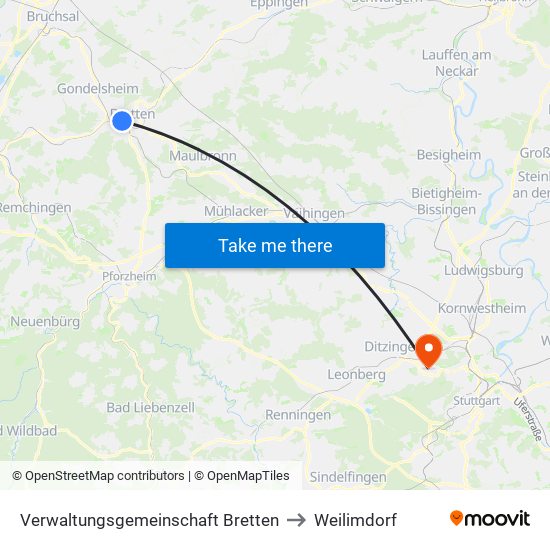 Verwaltungsgemeinschaft Bretten to Weilimdorf map