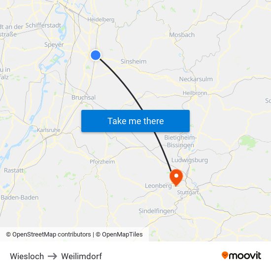 Wiesloch to Weilimdorf map