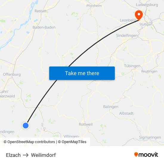 Elzach to Weilimdorf map