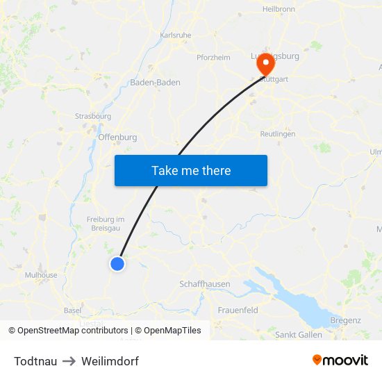 Todtnau to Weilimdorf map