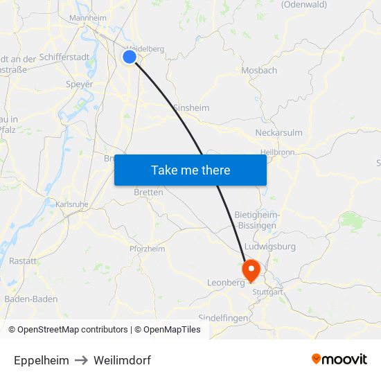 Eppelheim to Weilimdorf map