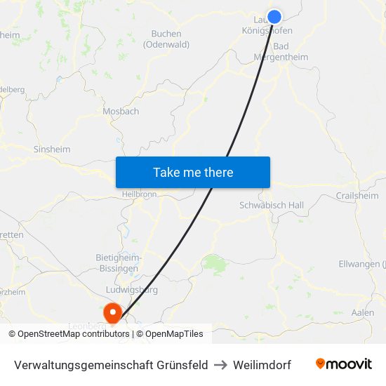 Verwaltungsgemeinschaft Grünsfeld to Weilimdorf map