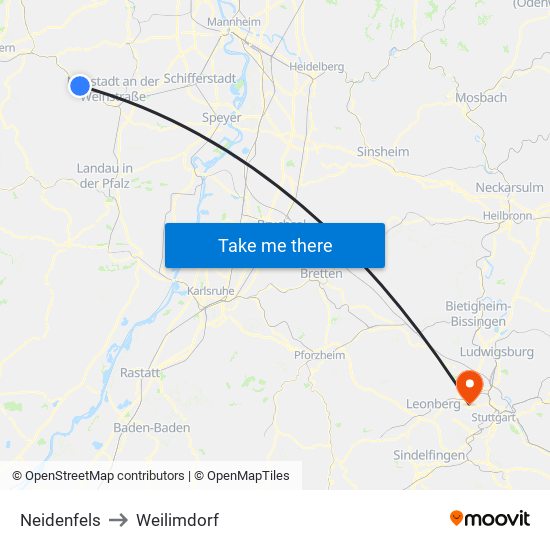 Neidenfels to Weilimdorf map