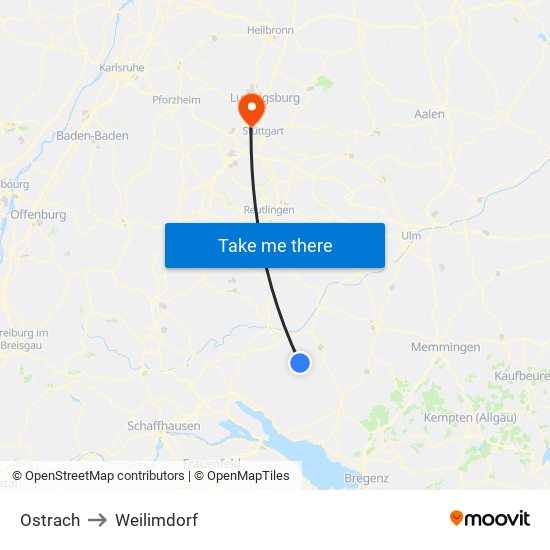 Ostrach to Weilimdorf map