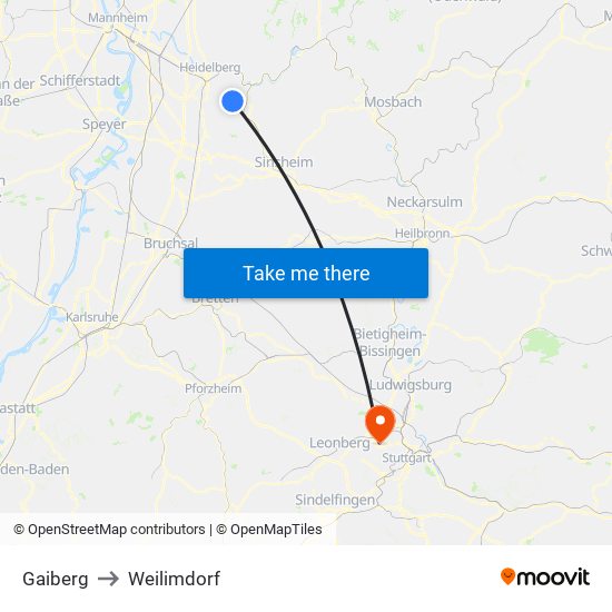 Gaiberg to Weilimdorf map