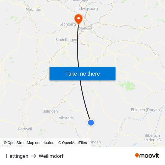 Hettingen to Weilimdorf map