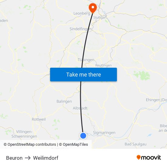 Beuron to Weilimdorf map