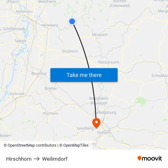 Hirschhorn to Weilimdorf map