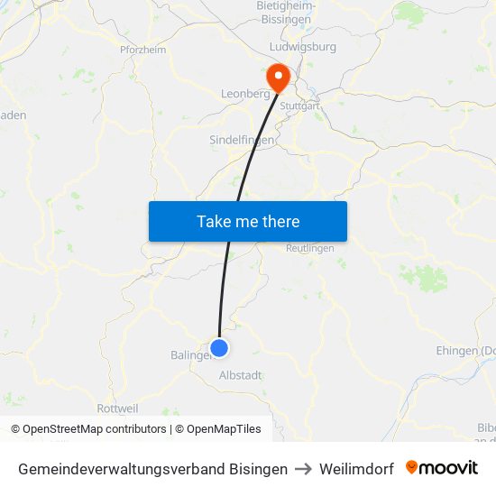 Gemeindeverwaltungsverband Bisingen to Weilimdorf map